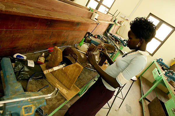 A technician works on a prosthetic leg in the workshop at the Physical Rehabilitation Reference Centre in Juba, South Sudan